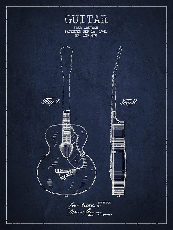 Music Digital Art - Gretsch guitar patent Drawing from 1941 - Blue by Aged Pixel