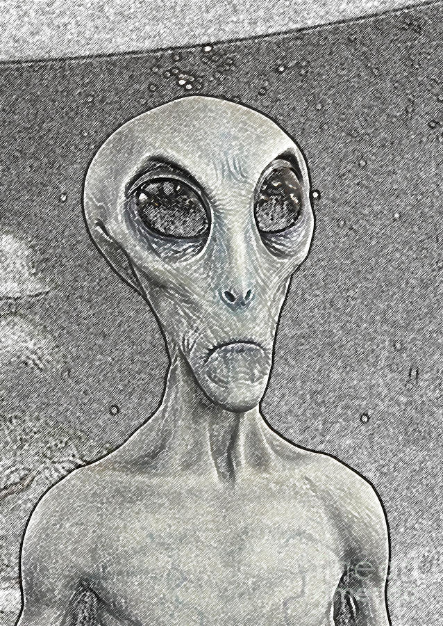 Grey Alien Science Fiction Portrait Black and White Colored Pencil Digital Art Digital Art by Shawn OBrien