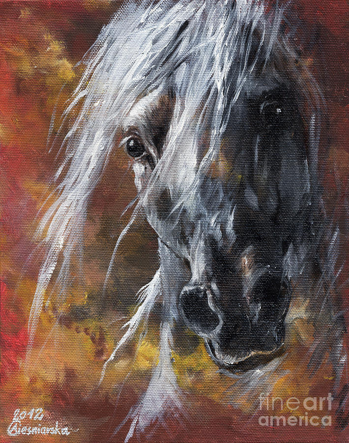 Grey arabian horse oil painting 3 Painting by Ang El