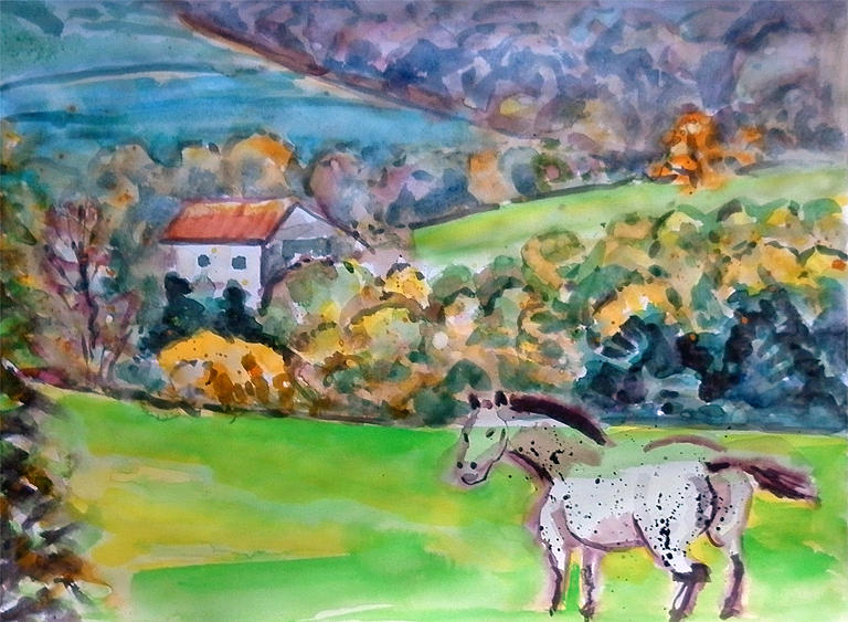 Grey Horse In Autumn Pilat Mountain Painting by Chevassus-agnes Jean-pierre