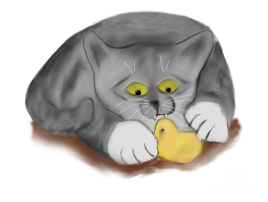 Grey Kitten Eats an Easter Marshmallow Chick Digital Art by Ellen Miffitt