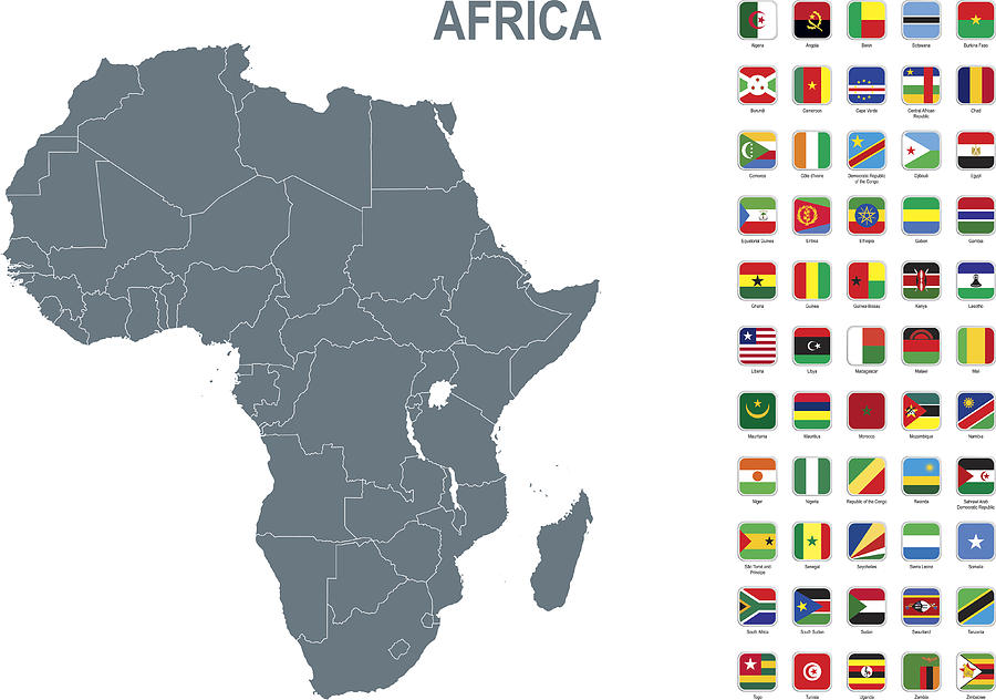 Grey map of Africa with flag against white background Drawing by Kosmozoo