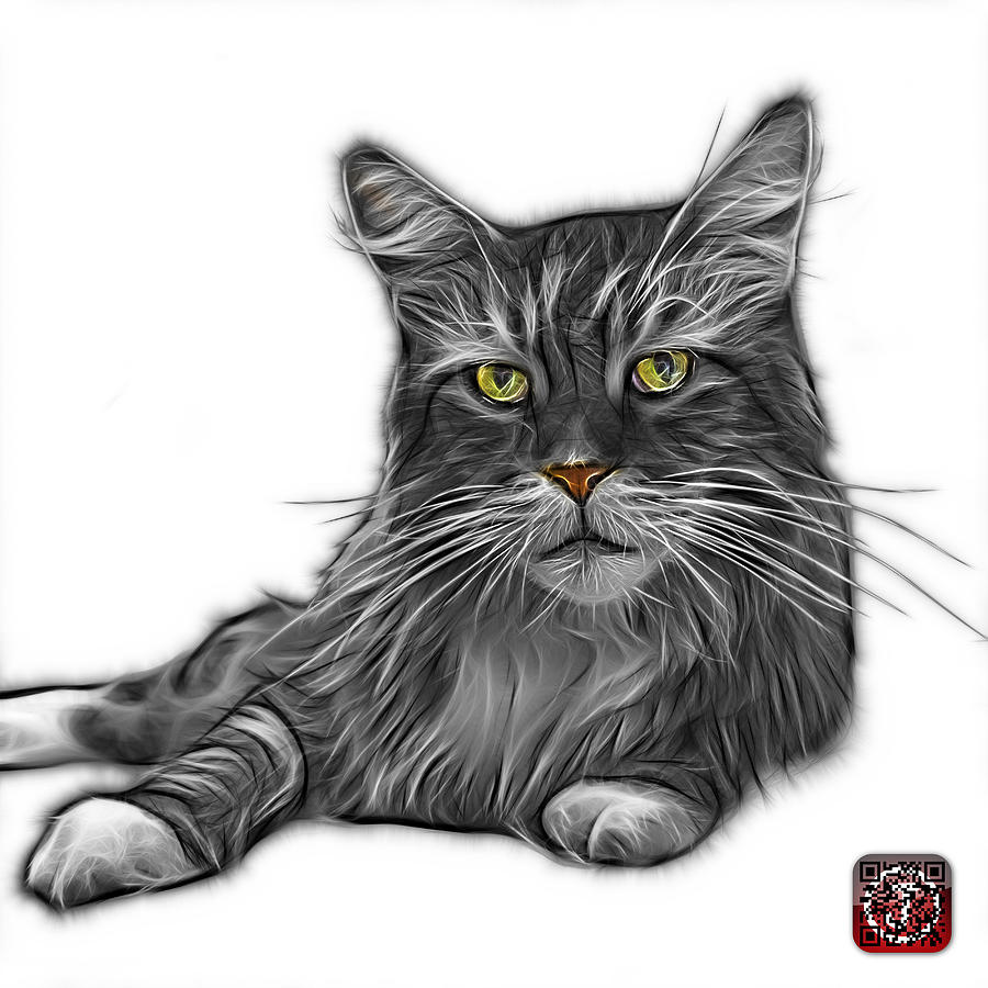 Greyscale Maine Coon Cat - 3926 - WB Painting by James Ahn