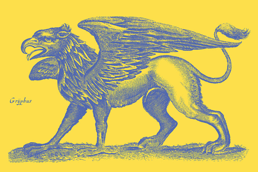 Griffin Drawing - Griffin Historic Engraving Blue on Yellow by Ticky Kennedy LLC