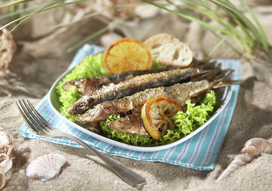 Grilled Sardines With Salad And Lemon Photograph by Westend61