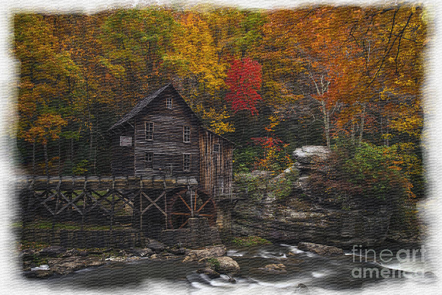 Grist Mill Babcock State Park textured with watercolor borders Photograph by Dan Friend