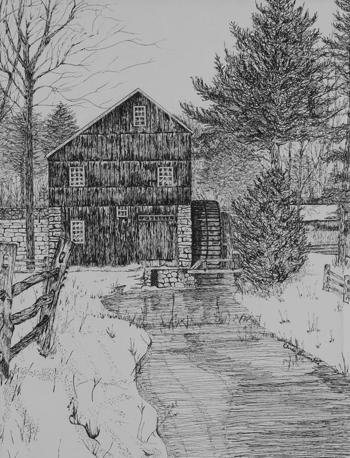 Architecture Drawing - Grist Mill In Winter by Christine Brunette