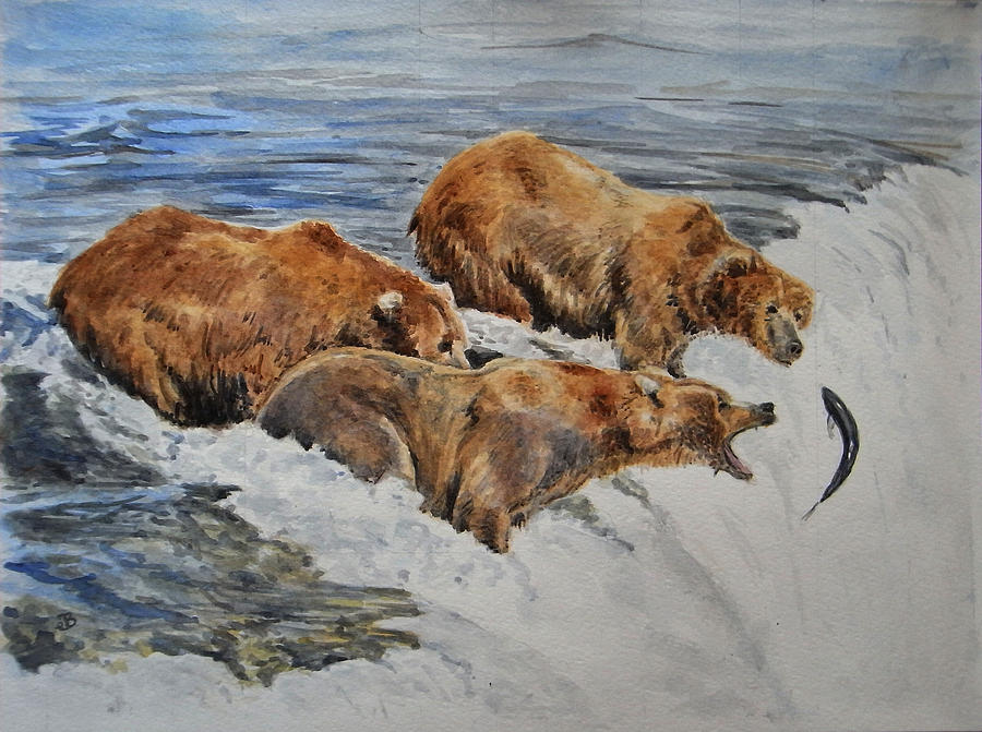 Salmon Painting - Grizzlies fishing by Juan  Bosco