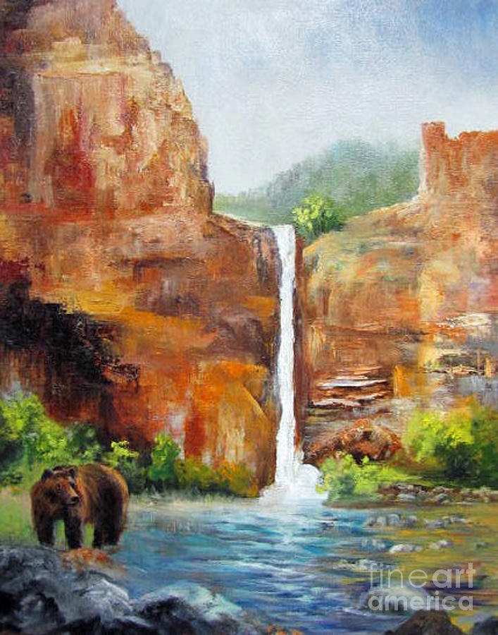 Grizzly Bear Falls Landscape Painting by Barbara Haviland