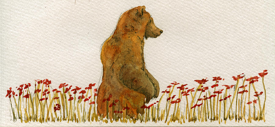 Wildlife Painting - Grizzly brown bear flowers by Juan  Bosco
