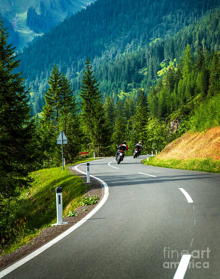 Group of motorcyclists in Alpine mountains Photograph by Anna Om