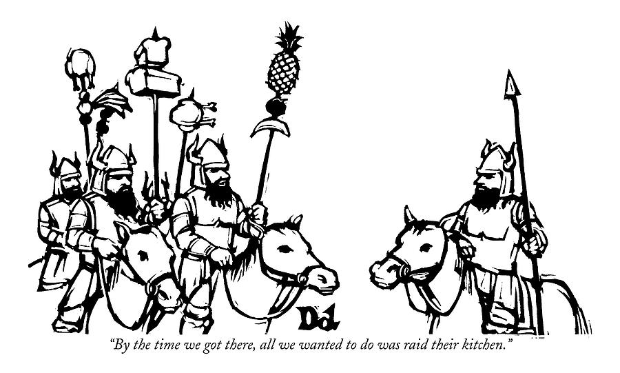 Group Of Vikings With Food On Their Spears Speak Drawing by Drew Dernavich