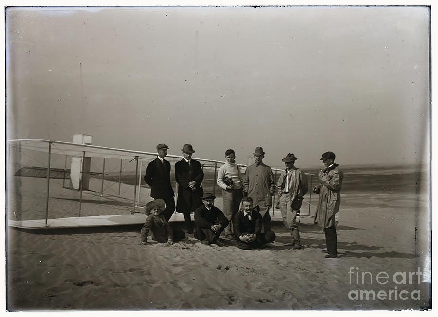 The Wright Brothers Group portrait in front of glider at Kill Devil Hill Photograph by Vintage Collectables