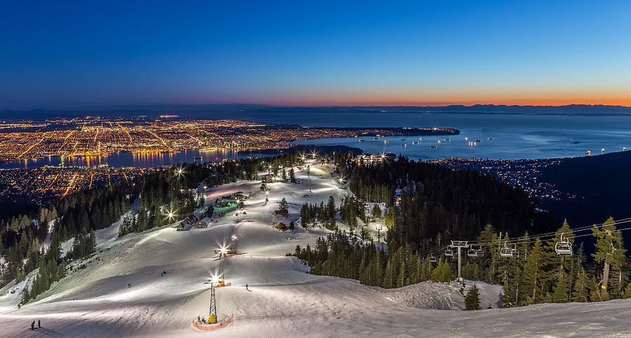 Grouse Mountain with a view of Vancouver at dusk Photograph by Pierre Leclerc Photography