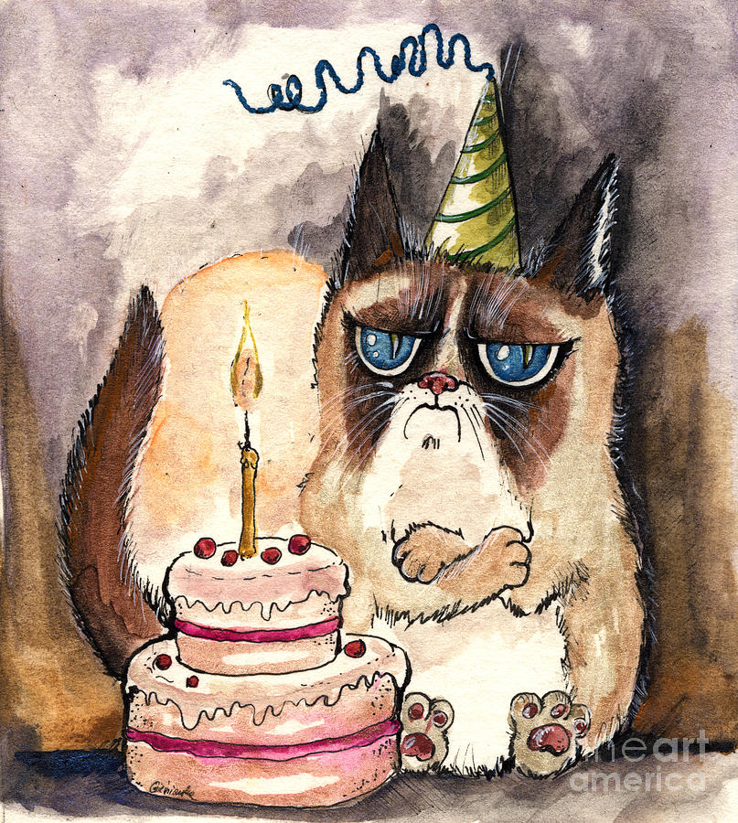 Grumpy Birthday Cat Painting by Ang El