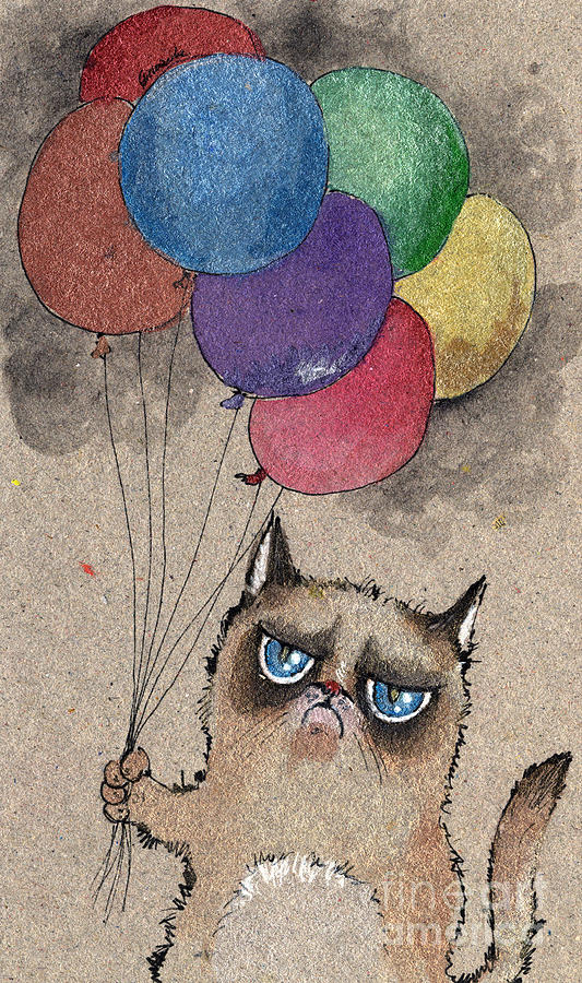 Grumpy Cat And Balloons Painting by Ang El