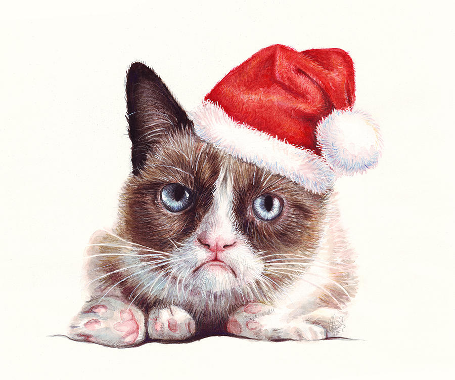 Cat Painting - Grumpy Cat as Santa by Olga Shvartsur