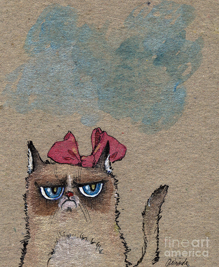 Cat Painting - Grumpy Cat With Red Ribbon by Ang El