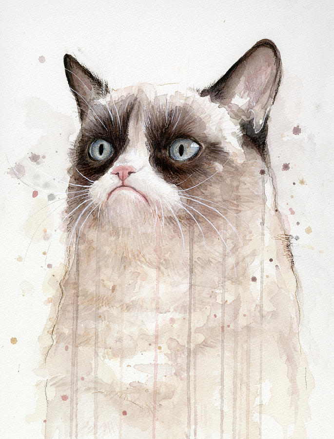 Grumpy Painting - Grumpy Watercolor Cat by Olga Shvartsur