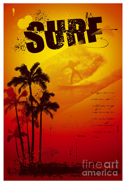 Palm Digital Art - Grunge Surf Poster With Palms And Sunset by Locote Palm Digital Art - Grunge Surf Poster With Palms And Sunset by Locote