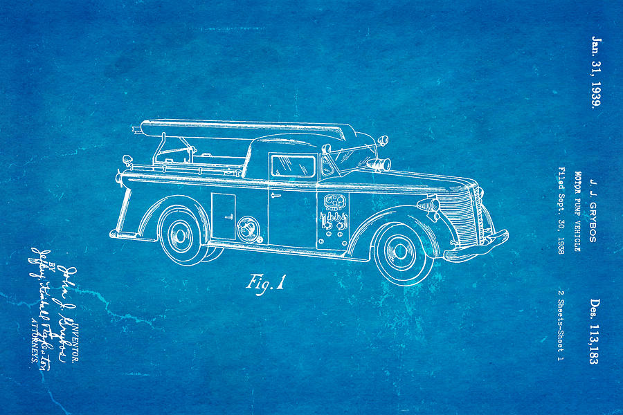 Car Photograph - Grybos Fire Truck Patent Art 1939 Blueprint by Ian Monk