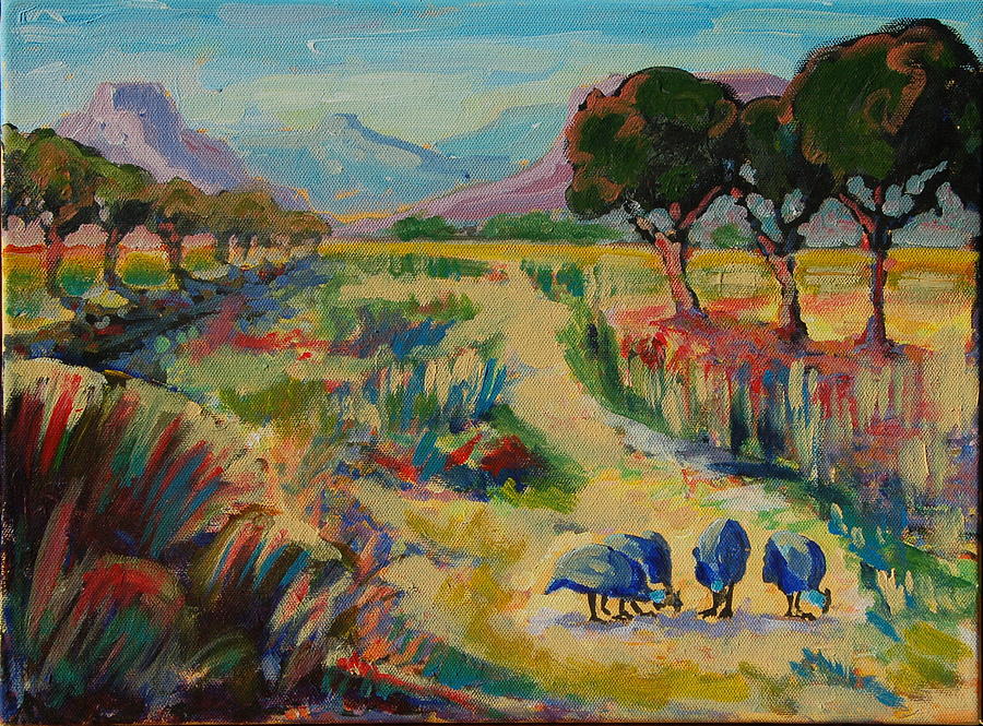 Guinea Fowl in Extensive Landscape Painting by Thomas Bertram POOLE