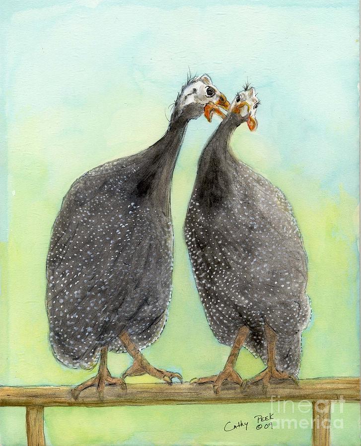 Rooster Painting - Guinea Hen Rooster Kisses Farm Ranch Animals Cathy Peek Art by Cathy Peek