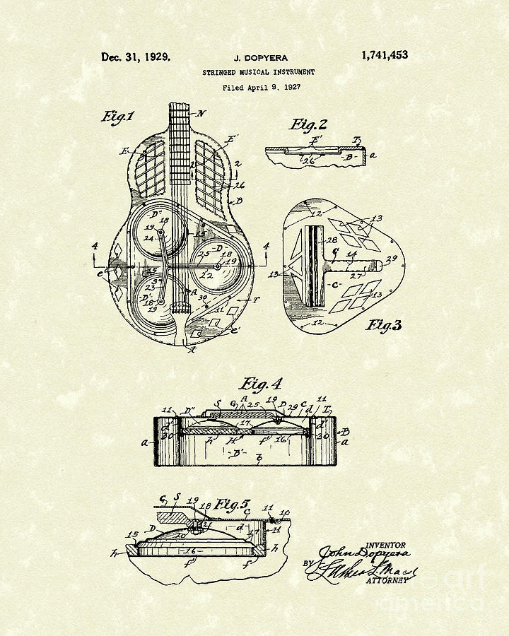 Guitar 1929 Patent Art Drawing by Prior Art Design