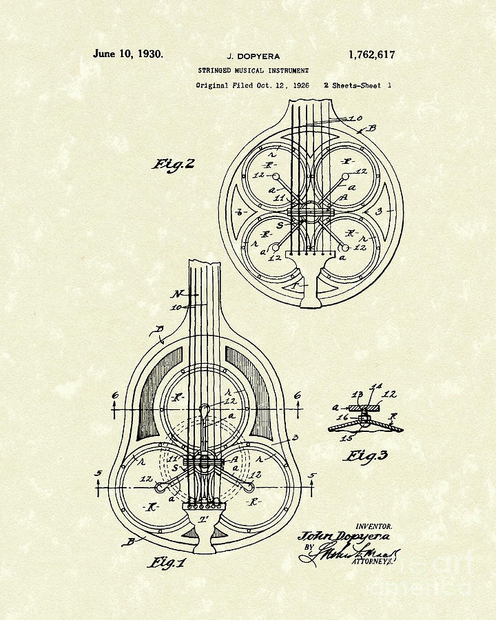 Guitar 1930 Patent Art Drawing by Prior Art Design