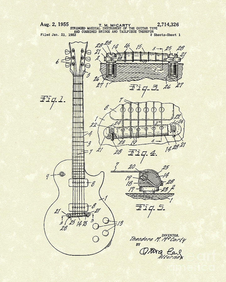 Guitar 1955 Patent Art Drawing by Prior Art Design