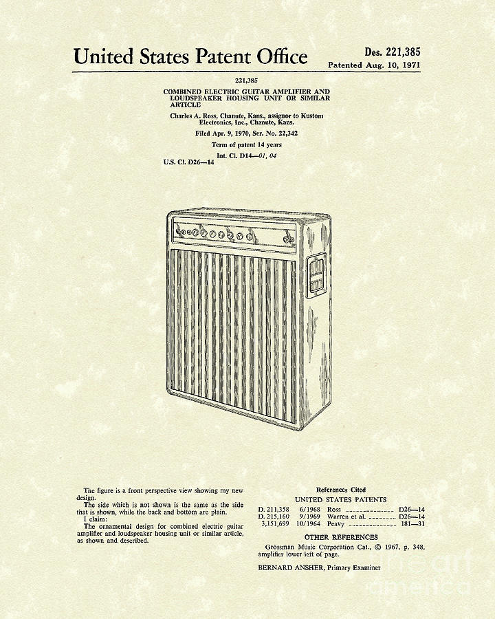 Guitar Amplifier 1971 Patent Art Drawing by Prior Art Design