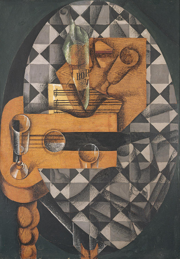 Still Life Photograph - Guitar, Bottle, And Glass, 1914 Pasted Papers, Gouache & Crayon On Canvas by Juan Gris