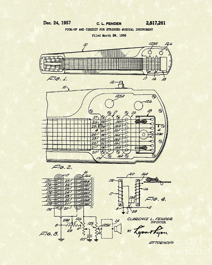Fender Drawing - Guitar System 1957 Patent Art by Prior Art Design