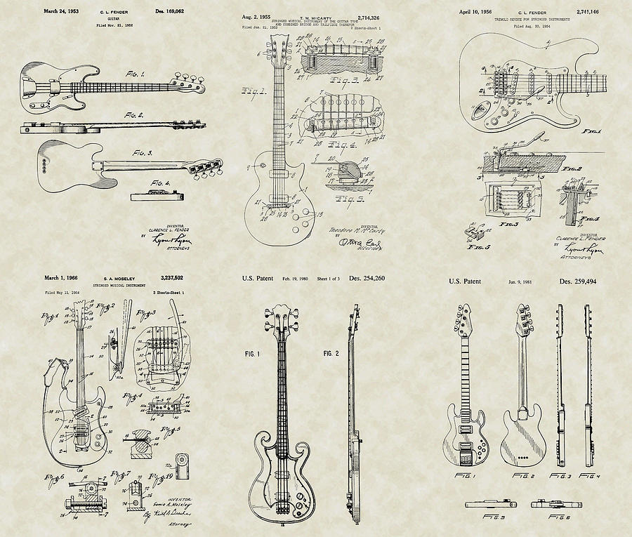 Guitar Still Life Drawing - Guitars Patent Collection by PatentsAsArt
