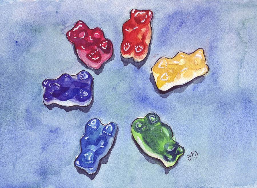 Still Life Painting - Gummi Bears on Blue by Johanna Pabst