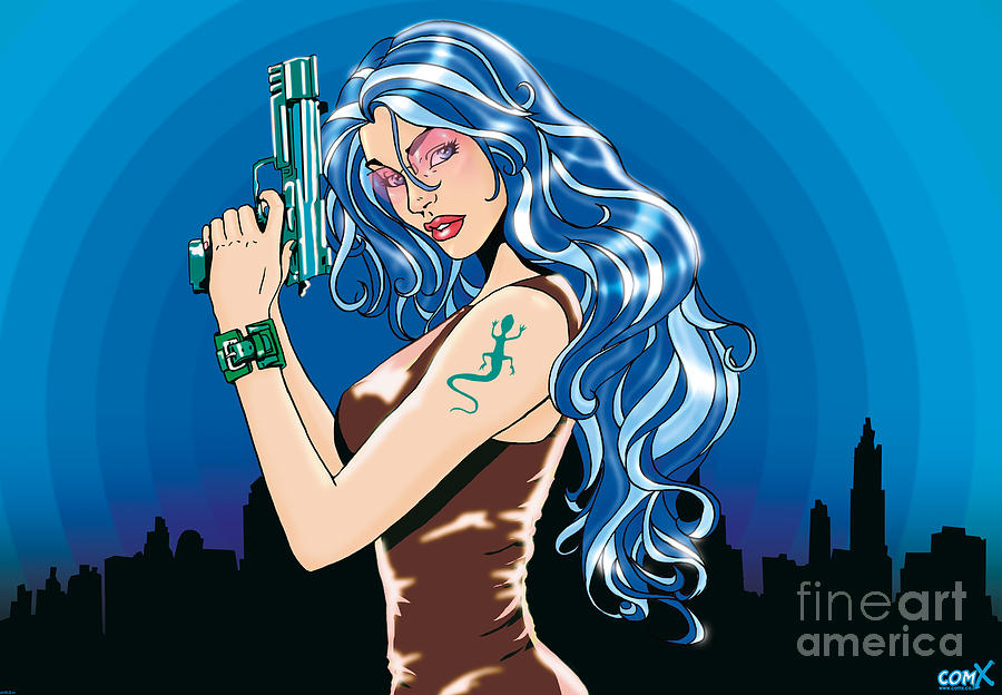City Digital Art - Gun Girl - Blue by Hanan Evyasaf