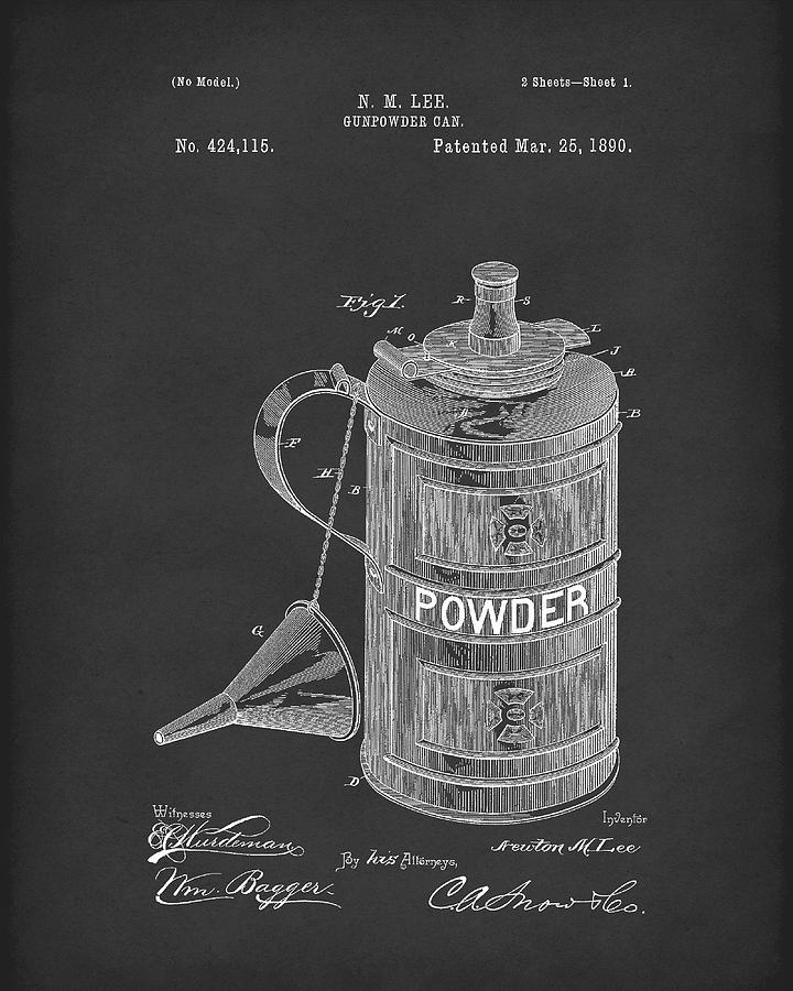 Gunpowder Can 1890 Patent Art Black Drawing by Prior Art Design