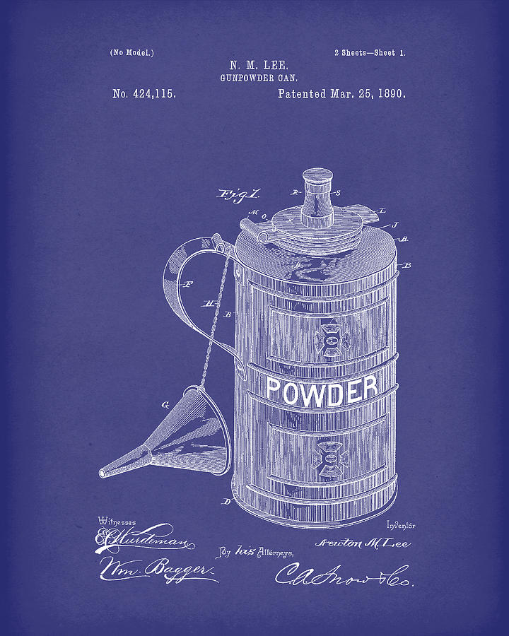 Gunpowder Can 1890 Patent Art Blue Drawing by Prior Art Design