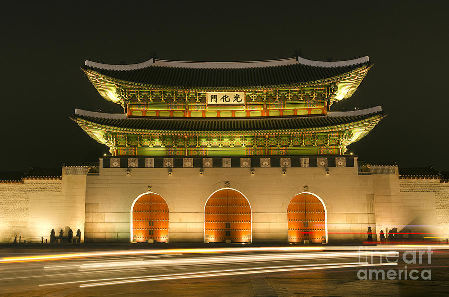 Gwanghwamun gate of Gyeongbokgung palace in seoul south korea at night Photograph by JM Travel Photography