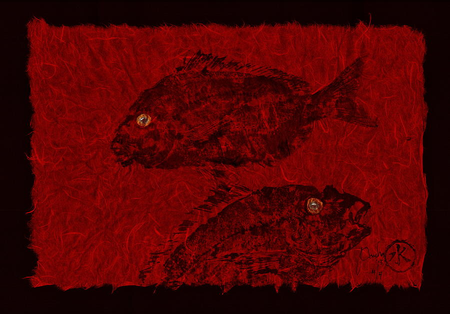 Fish Mixed Media - Gyotaku Scup Series 4 Red Unryu Paper by Jeffrey Canha