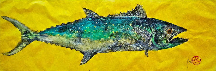 Gyotaku -Spanish Mackerel - Bright Yellow Mixed Media by Jeffrey Canha