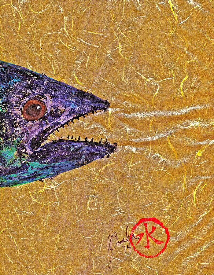 Fish Mixed Media - Gyotaku- Spanish Mackerel- Bright  Yellow Unryu Paper by Jeffrey Canha