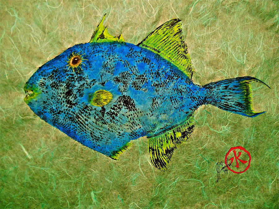 Gyotaku - Triggerfish - Queen Triggerfish Mixed Media by Jeffrey Canha