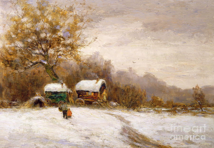 Winter Painting - Gypsy Caravans in the Snow by Leila K Williamson