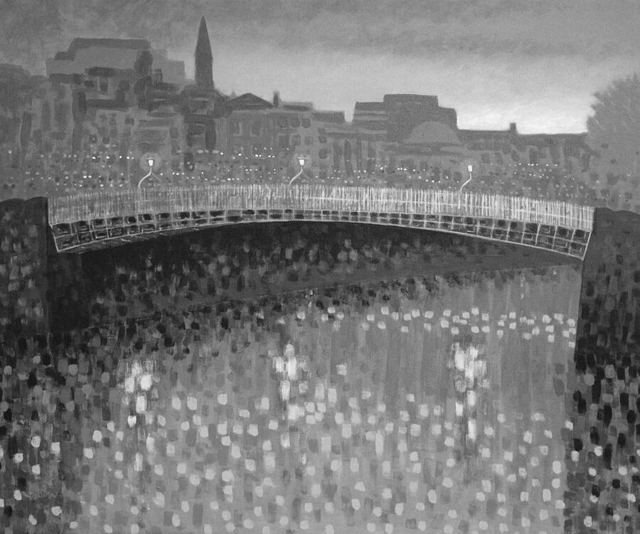 Ha Penny Bridge Dublin  grey scale Painting by John  Nolan