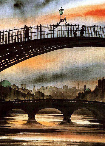 Ha Penny Bridge  Sunset  Dublin Painting by Val Byrne