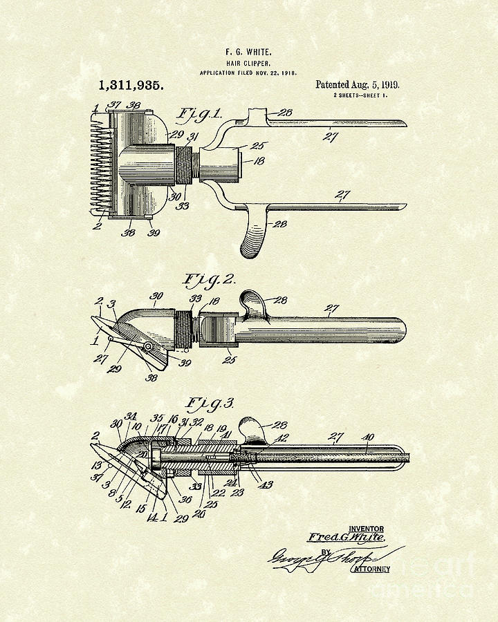 Hair Clipper 1919 Patent Art Drawing by Prior Art Design