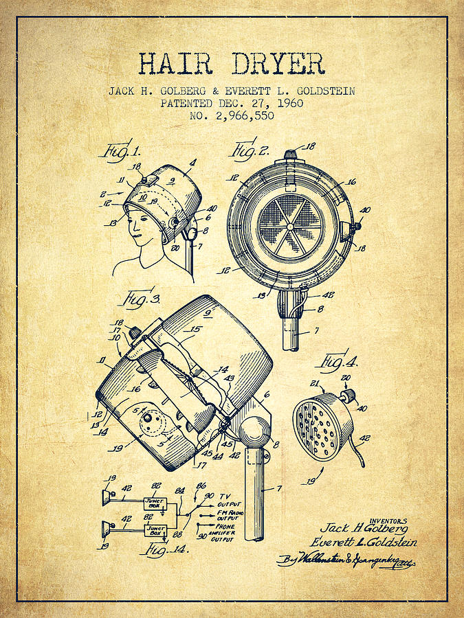 Vintage Digital Art - Hair Dryer patent from 1960 - Vintage by Aged Pixel