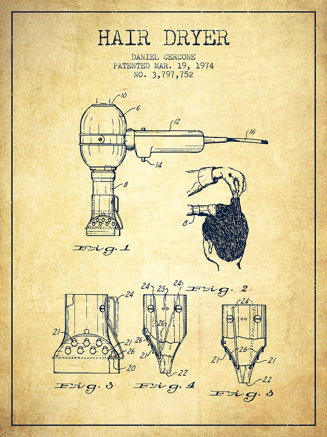 Vintage Digital Art - Hair Dryer patent from 1974 - Vintage by Aged Pixel