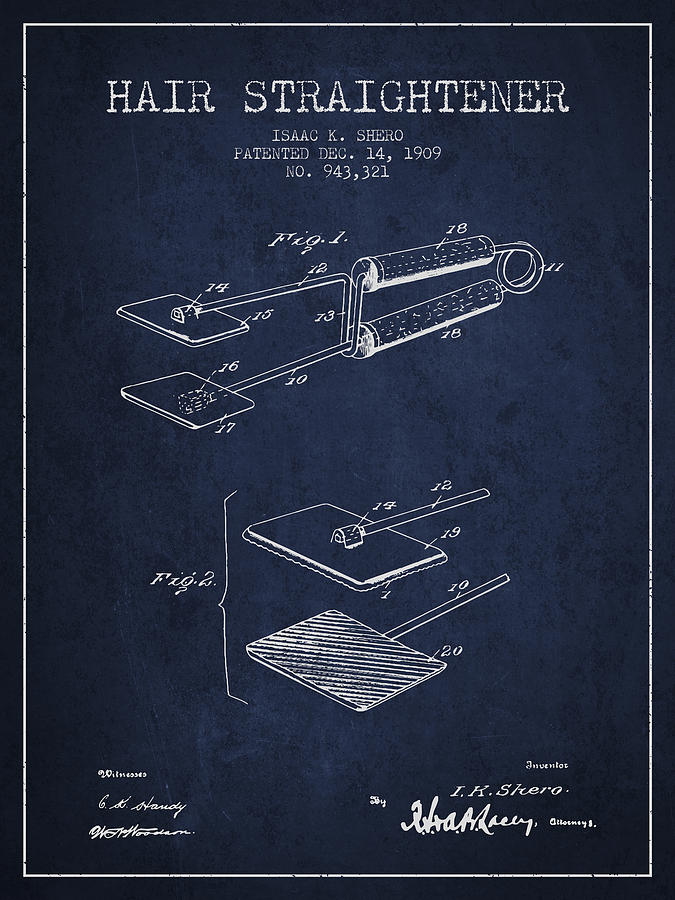 Vintage Digital Art - Hair Straightener Patent from 1909 - Navy Blue by Aged Pixel